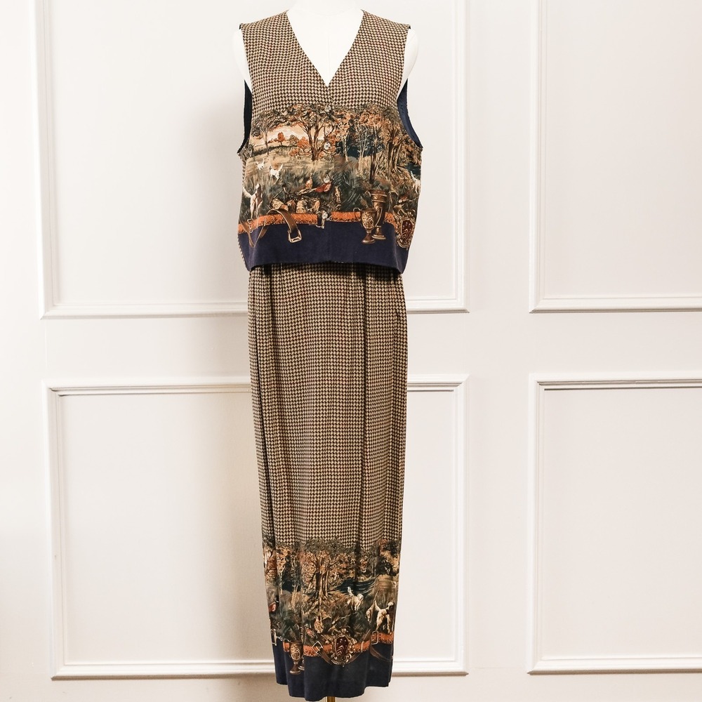 Willowbend Skirt Vest Set Womens Vintage Houndstooth Hunting Scene Medium USA - Picture 2 of 15